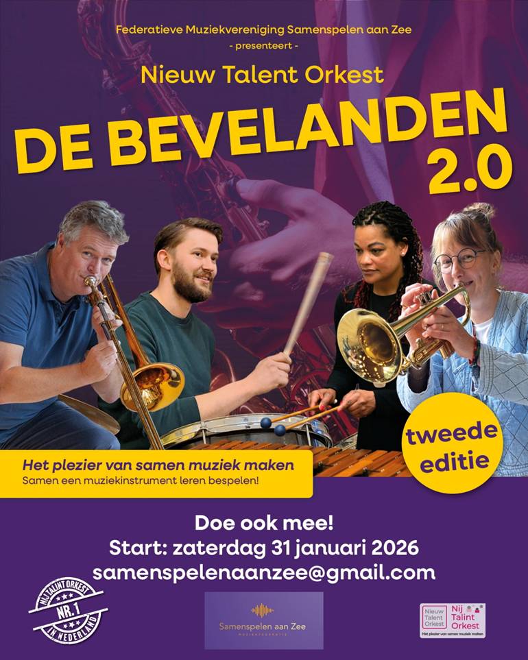 Kan een afbeelding zijn van klarinet en de tekst 'Federatieve Muziekvereniging Samenspelen αη Zee -presenteert- Nieuw Talent Orkest DE BEVELANDEN 2.0 Het plezier van samen muziek maken Samen een muziekinstrument leren bespelen! tweede editie Doe ook mee! Start: zaterdag 31 januari 2026 ITALNT TALNTORFEST ORKEST samenspelenaanzee@gmail.com KR.1 SamenspelenaanZee Samenspelen aan Zee Nij Talerit Orkast Orkast TINLA Talint Orkest K'